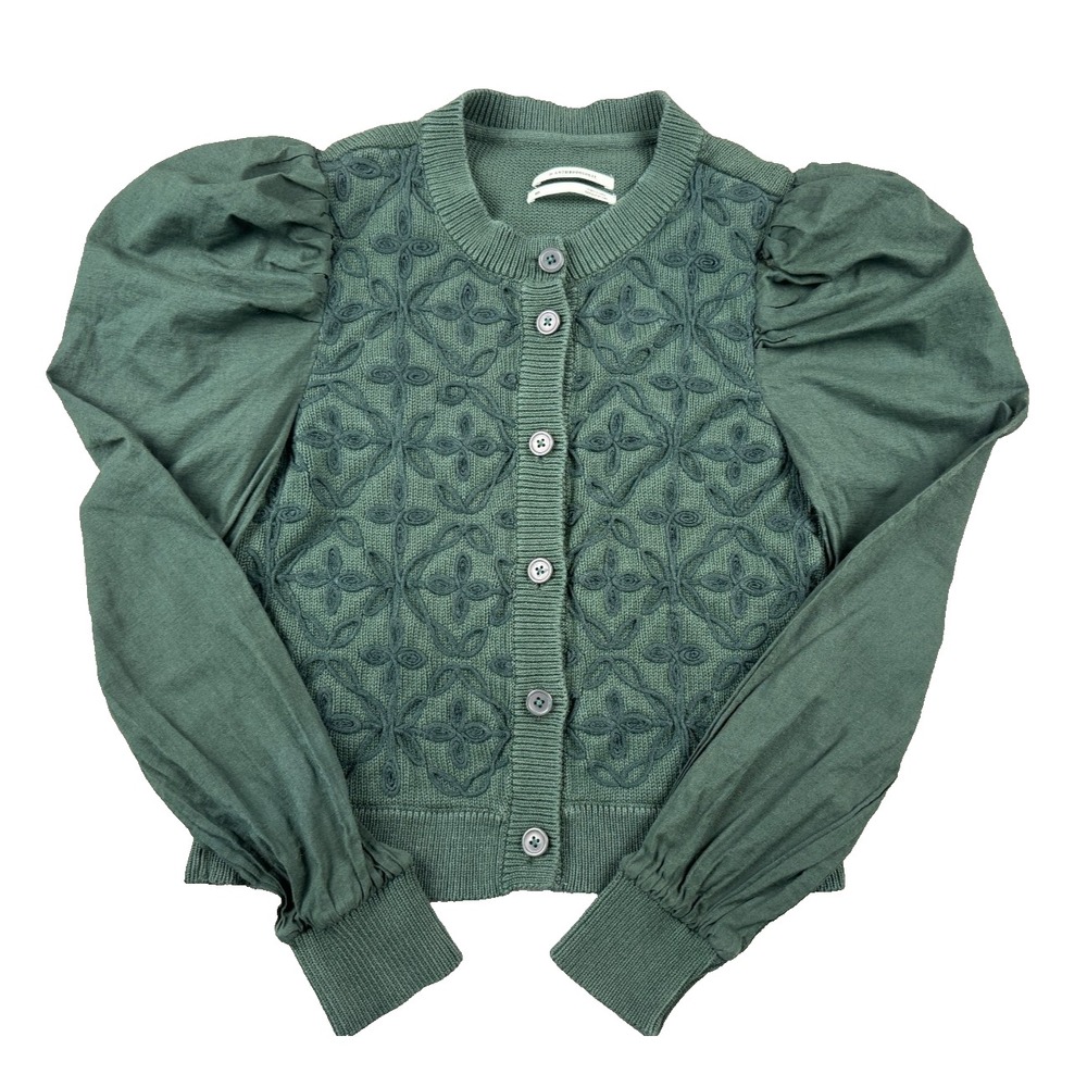 by Anthropologie Women's Cardigan XXS Green Embroidered Puff Sleeve Cotton